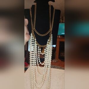 60 Inches Goldtone and Cream Pearl Multi Layered Dramatic Length Necklace Nwot